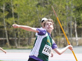 Logan Nicholls of Lockerby Composite School takes part in the midget boys javelin at the Sudbury District Secondary Schools' Athletic Association 76 annual track and field championship at the Laurentian Community Track Complex in Sudbury, Ont. on Wednesday May 17, 2017. Gino Donato/Sudbury Star/Postmedia Network