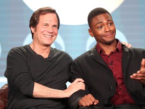 Actors Bill Paxton, left, and Justin Cornwell of the television show 'Training Day' speak onstage during the CBS portion of the 2017 Winter Television Critics Association Press Tour at the Langham Hotel on January 9, 2017 in Pasadena, California. (Frederick M. Brown/Getty Images)
Restrictions