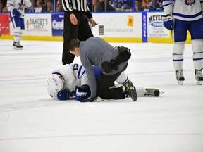 Toronto Marlies forward Sergey Kalinin winces in pain during Game 7 against the Syracuse Crunch on May 17, 2017. (Scott Thomas Photography)