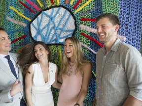 Co-chairs of the Brain Project, Noah and Erica Godfrey, and artists London Kaye and Nick Sweetman, help launch a campaign to support brain research at Baycrest Health Sciences on Wednesday, May 17, 2017. (STAN BEHAL/TORONTO SUN)