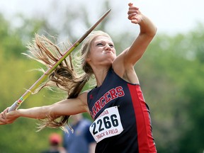 Marissa Mueller of Lambton Central wins the senior girls' javelin with a toss of 44.01 metres at the SWOSSAA track and field championship at the Chatham-Kent Community Athletic Complex in Chatham on Wednesday, May 17, 2017. (MARK MALONE/Postmedia Network)