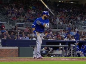 Blue Jays slugger Jose Bautista tosses his bat after hitting a homerun against the Braves in Atlanta on Wednesday, May 17, 2017. (Screengrab)