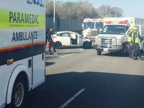 A woman suffered head and muscle injuries in this crash on Highway 417 near Parkdale Thursday morning.