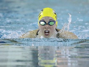 Ali Bertrim of the Sudbury Laurentian Swim Club takes part in the girls 200 meter breaststroke event at the SLSC Spring Invitational at the JENO TIHANYI Olympic Gold Pool at Laurentian University, in Sudbury, Ont. on Sunday May 14, 2017. Gino Donato/Sudbury Star/Postmedia Network
