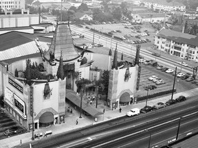 This 1952 file photo shows an aerial view of Grauman's Chinese Theater in the Hollywood section of Los Angeles. The storied Hollywood Boulevard movie palace now known as the TCL Chinese Theatre opened its doors on May 18, 1927. (AP Photo, File)