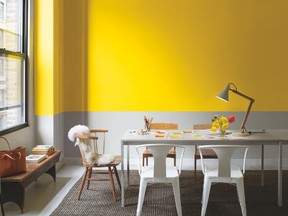 Bands of colour (Benjamin Moore?s Sun Porch and Stonington Grey) are used to create a customized effect in this dining room. ?(Benjamin Moore)