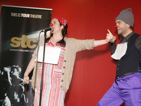 Clowns France Huot and Eric Lapalme entertain the crowd at the Mayor's Celebration of Arts at the Sudbury Theatre Centre on May 17, 2017. (Gino Donato/Sudbury Star file photo)