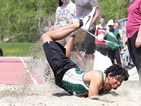 Participants take part in day 2 of the Sudbury District Secondary School's Athletic Association 76 Annual Track and Field Championships at the Laurentian Community Track Complex in Sudbury, Ont. on Thursday May 18, 2017. Gino Donato/Sudbury Star/Postmedia Network