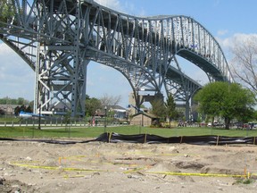 Construction of a splash pad in Point Edward's Waterfront Park, shown here Thursday May 18, 2017,  was temporarily halted last week after a killdeer's nest and as well as more than 1,000-year-old artifacts were found. It was just the latest discovery of artifacts near the Blue Water Bridge, known to be a First Nations gathering place. (Paul Morden/Sarnia Observer)