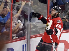 Ottawa Senators left winger Mike Hoffman celebrates after scoring against the Pittsburgh Penguins during Game 3 on May 17, 2017. (THE CANADIAN PRESS/Adrian Wyld)