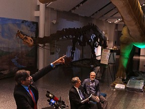 'Dino' Don Lessem gestures during a media conference unveiling the first exhibit, World's Giant Dinosaurs, in the expanded Alloway Hall at the Manitoba Museum in Winnipeg on Thurs., May 18, 2017. Kevin King/Winnipeg Sun