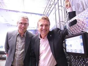 David Ballantyne, vice president of product development and Michael Gribbons, vice president of sales and marketing at  Maestro Digital Mine show off the company's Plexus PowerNet at the company's grand opening in Sudbury, Ont. on Thursday May 18, 2017. Gino Donato/Sudbury Star/Postmedia Network