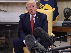 U.S. President Donald Trump speaks in the Oval Office of the White House in Washington, Thursday, May 18, 2017, during his meeting with Colombian President Juan Manuel Santos. (AP Photo/Susan Walsh)