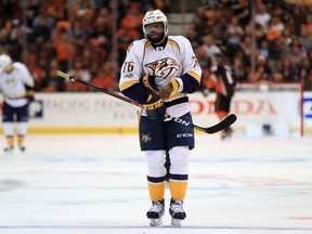 P.K. Subban of the Nashville Predators looks on during a break in Game 2 against the Anaheim Ducks at Honda Center on May 14, 2017. (Sean M. Haffey/Getty Images)
