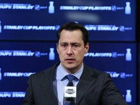 Ottawa Senators coach Guy Boucher talks to the media after practice at Canadian Tire Centre on May 12, 2017. (Jean Levac/Postmedia)