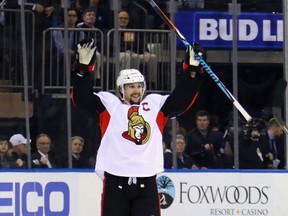 Erik Karlsson of the Ottawa Senators celebrates an empty-net goal scored by Jean-Gabriel Pageau against the New York Rangers during 6 on May 9, 2017. (Bruce Bennett/Getty Images)