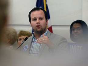 In this Aug. 29, 2014, file photo, Josh Duggar, executive director of FRC Action, speaks in favor the Pain-Capable Unborn Child Protection Act at the Arkansas state Capitol in Little Rock, Ark. (AP Photo/Danny Johnston, File)