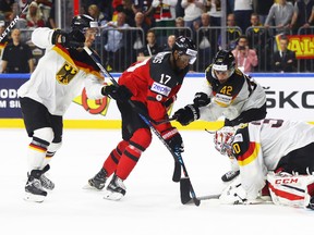 Wayne Simmonds of Canada takes on Philipp Grubauer of Germany during the 2017 IIHF Ice Hockey World Championship Quarter Final game between Canada and Germany at Lanxess Arena on May 18, 2017 in Cologne, Germany. (Photo by Martin Rose/Getty Images)