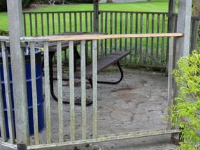 Spindles were broken in the gazebo of Morenz Memorial Gardens in Mitchell early last week. SUBMITTED