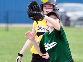 Ava Bree of the Fullarton Squirts reaches for the ball as Mitchell’s Ashtyn Wedow sneaks into third base during Huron-Perth action last Wednesday, May 17 at Keterson Park. Fullarton defeated their hosts 15-10. ANDY BADER/MITCHELL ADVOCATE