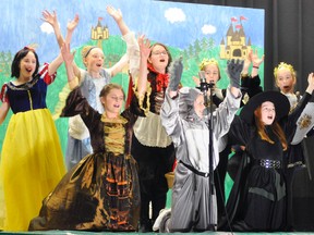 The antagonists and the protagonists got along by the end of the St. Columban performance of Between the Lines, including (back row, left): Marisa Jochems, as Snow White; Koryne McLean-Boyd as Cinderella; Ella Mann, as Little Red Riding Hood; Rebecca McCarthy and Dayna Vosper, as princes. Front row (left): Kaya Keyser, as the stepmother; Jilly Gaffney, as the wolfe; and Danielle Vogels, as the witch. ANDY BADER/MITCHELL ADVOCATE