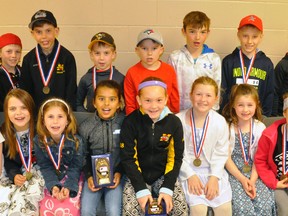 Back row (left): Novice rep Ethan Jarmuth, MVP; Jonah Gibbings, most improved; Braden Hoegy, most dedicated and Bryce Dixon, most sportsmanlike; Carter Miller, Novice LL most improved; Zack Siemon-Hergott, MVP; Isaak Smith, most sportsmanlike and Charlie Wolfe, most dedicated. Front row (left): Novice girls ‘B’ Heather Ogilvie, most dedicated; Camryn Medhurst, most sportsmanlike; Ava Harmer, most improved; Kara Rolph and Ashley McLeod, MVP; Novice girls HL Haileigh Templeman, most dedicated; Kayla Visneskie, most sportsmanlike; Maren Marshall, most improved and Abigayle Van Bakel, MVP. ANDY BADER/MITCHELL ADVOCATE