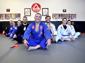 Brazilian Jiu-Jitsu black belt Fateh Belkalem (centre) is bringing 10 fighters from London to the World Jiu-Jitsu Championship in Long Beach, California May 31 – June 4. (From left to right: Matt Peebles, Laura Scopelianos, Katie Patroch Belkalem, Derrick Kersey, Gustavo Ruthes, Jeff Lucarino, Max Doucet, Francis Yanga) CHRIS MONTANINI\LONDONER\POSTMEDIA NETWORK