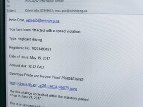 Copy of the phishing email which was posted on the Winnipeg Police Service twitter account on Friday, May 19, 2017, claiming that the force's Public Information Office owed $32.32 for speeding. The tweet includes a link to the Canadian Anti-Fraud Centre and a warning for Winnipeggers to be on the lookout for the fraud. HANDOUT/Winnipeg Police Service