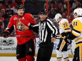 Dion Phaneuf of the Ottawa Senators with Phil Kessel of the Pittsburgh Penguins during Game 3 at Canadian Tire Centre on May 17, 2017. (Jana Chytilova/Freestyle Photo/Getty Images)