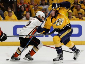 Anaheim Ducks defenceman Kevin Bieksa battles against Nashville Predators centre Ryan Johansen during Game 4 on May 18, 2017. (AP Photo/Mark Humphrey)