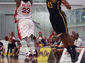 Shaquille Keith, left, of the Windsor Express and Marvin Phillips of the London Lightning battle for the ball during their game Thursday, May 18, 2017, at the Atlas Tube Centre Arena in Lakeshore, ON. (DAN JANISSE/The Windsor Star)