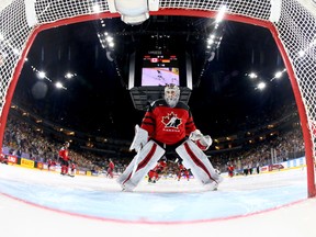 Calvin Pickard, goaltender of Canada reacts during the 2017 IIHF Ice Hockey World Championship quarter final game between Canada and Germany at Lanxess Arena on May 18, 2017. (Martin Rose/Getty Images)