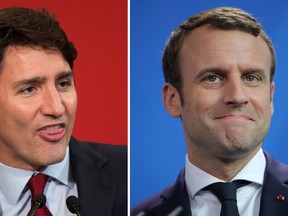 Prime Minister Justin Trudeau (L) and French President Emmanuel Macron are seen in a combination shot. (THE CANADIAN PRESS/Darryl Dyck/Michael Kappeler/dpa via AP)