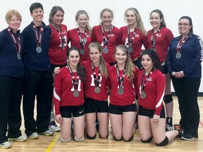 The Twin Bridges 15U Thunder Boom won silver medals at the Eastern Canadian 15-and-under girls volleyball championship recently in Waterloo. The team members are, front row, left: Alyssa Gagne, Megan Prinsen, Julia Donais and Mia Dicooco. Back row: coach Kimberly Bueckert, coach Katrina Cadotte, Sam Bedard, Emma Wells, Sydney Livingston, Teighan Pite, Ally Molson and coach Katie Riddell. Chris Kingma is absent. (Contributed photo)
