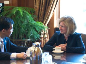 Alberta Premier Rachel Notley meets with China's ambassador to Canada, Lu Shaye, in Alberta on May 19, 2017.