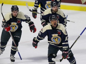 Windsor Spitfires' Jeremiah Addison celebrates his goal against the Saint John Sea Dogs during a Memorial Cup round-robin game on May 19, 2017. (THE CANADIAN PRESS/Dave Chidley)