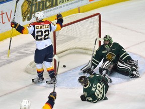 Erie Otters forward Anthony Cirelli celebrates after scoring on London Knights goaltender Tyler Parsons at Budweiser Gardens in London on April 13, 2017. (MORRIS LAMONT/THE LONDON FREE PRESS)