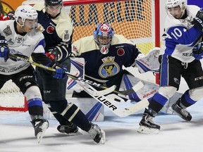Saint John Sea Dogs’ Cole Reginato (left) battles with Windsor’s Julius Nattinen in front of Spitfires goalie Michael DiPietro with Nathan Noel also in the vicinity. The Canadian Press