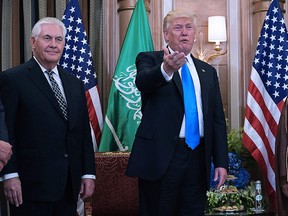 U.S. President Donald Trump (C), U.S. Secretary of State Rex Tillerson (L) and Saudi Crown Prince Muhammad bin Nayif bin Abdulaziz al-Saud take part in a bilateral meeting at a hotel in Riyadh on May 20, 2017. (MANDEL NGAN/AFP/Getty Images)