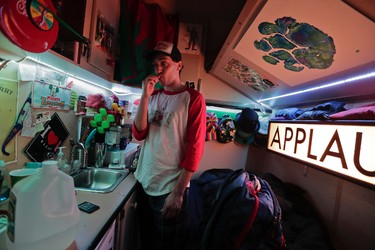 Ringling Bros. circus clown Stephen Craig brushes his teeth in his living compartment on the red unit's train before heading to the arena to perform in a show, Thursday, May 4, 2017, in Providence, R.I. Craig hadn't given a thought to joining the circus until he was out of college, ending up here because of his love of acting. (AP Photo/Julie Jacobson)