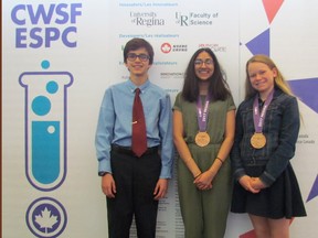Submitted Photo
Felipe Martinez, Meera Moorthy, Lauren Bunt competed at the Canada-wide Science Fair held this past week in Regina, Sask. Both Moorthy and Bunt picked up bronze medals at the final awards ceremony.