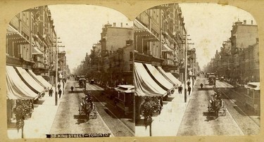 Photography was a relatively new process when these two slightly offset images were taken to become a stereoscopic card showing King St. looking east to Yonge St. This unique card, from the Toronto Public Library collection, was produced by Charles Bierstadt, whose photo publishing business opened in Niagara Falls, N.Y., in 1863. While it’s difficult to date the images with any precision, the photo features a couple of clues that at least narrow the range of years. For instance, the fact there are horsecars in operation means it was taken sometime in or after 1874, the year the privately-owned Toronto Street Railway Co. established the King route, the city’s third. 
The King line (numbers weren’t applied for many years) initially operated from the Don River to Bathurst St., and over the ensuing years was extended several times. With 1874 as the starting date, the outside date of the photo would have been sometime in 1892, the year the King route was converted to electricity. 
Following the creation of the new city-owned TTC in 1921, major changes were made to all the city routes, including several that went into effect July 1, 1923. These latter changes resulted in the route of the King streetcars coming close to the one passengers know today. Suffice it to say, streetcars, in many varieties, have been part of that thoroughfare’s history long before the first cars and trucks appeared on the scene.
