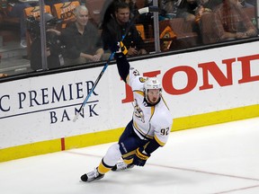 Predators' Ryan Johansen celebrates after scoring a goal against the Ducks during Game 2 of the Western Conference final in Anaheim, Calif., on May 14, 2017. (Chris Carlson/AP Photo)