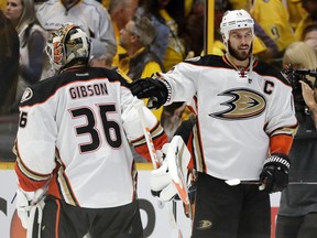 Ducks centre Ryan Getzlaf (right) congratulates goalie John Gibson after the Ducks beat the Predators in overtime in Game 4 of the Western Conference final in Nashville, Tenn., on Thursday, May 18, 2017. (Mark Humphrey/AP Photo)