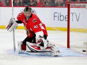 Senators goalie Craig Anderson watches as the puck just misses the net during the second period in Game 3 of the NHL's Eastern Conference final at the Canadian Tire Centre in Ottawa on May 17, 2017. (Wayne Cuddington/Postmedia)