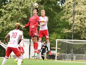 Ottawa Fury FC forward Tucker Hume (left) tangles with a New York Red Bulls II player on May 20, 2017, in Montclair, N.J. (BEN SOLOMON/New York Red Bulls)