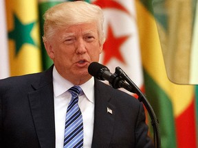 U.S. President Donald Trump delivers a speech to the Arab Islamic American Summit, at the King Abdulaziz Conference Center, Sunday, May 21, 2017, in Riyadh, Saudi Arabia. (AP Photo/Evan Vucci)