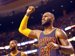 LeBron James of the Cleveland Cavaliers reacts against the Boston Celtics during Game 2 of the Eastern Conference finals at TD Garden on May 19, 2017 in Boston. (Adam Glanzman/Getty Images)