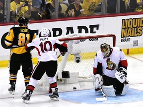 Phil Kessel of the Pittsburgh Penguins scores on Mike Condon of the Ottawa Senators during Game 5 of the Eastern Conference final at PPG Paints Arena on May 21, 2017 in Pittsburgh. (Matt Kincaid/Getty Images)