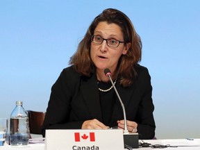 Canada's Minister of International Trade Chrystia Freeland speaks at a press conference at the signing of the Trans-Pacific Partnership Agreement in Auckland, New Zealand, on Feb. 4, 2016. (David Rowland/SNPA via AP)